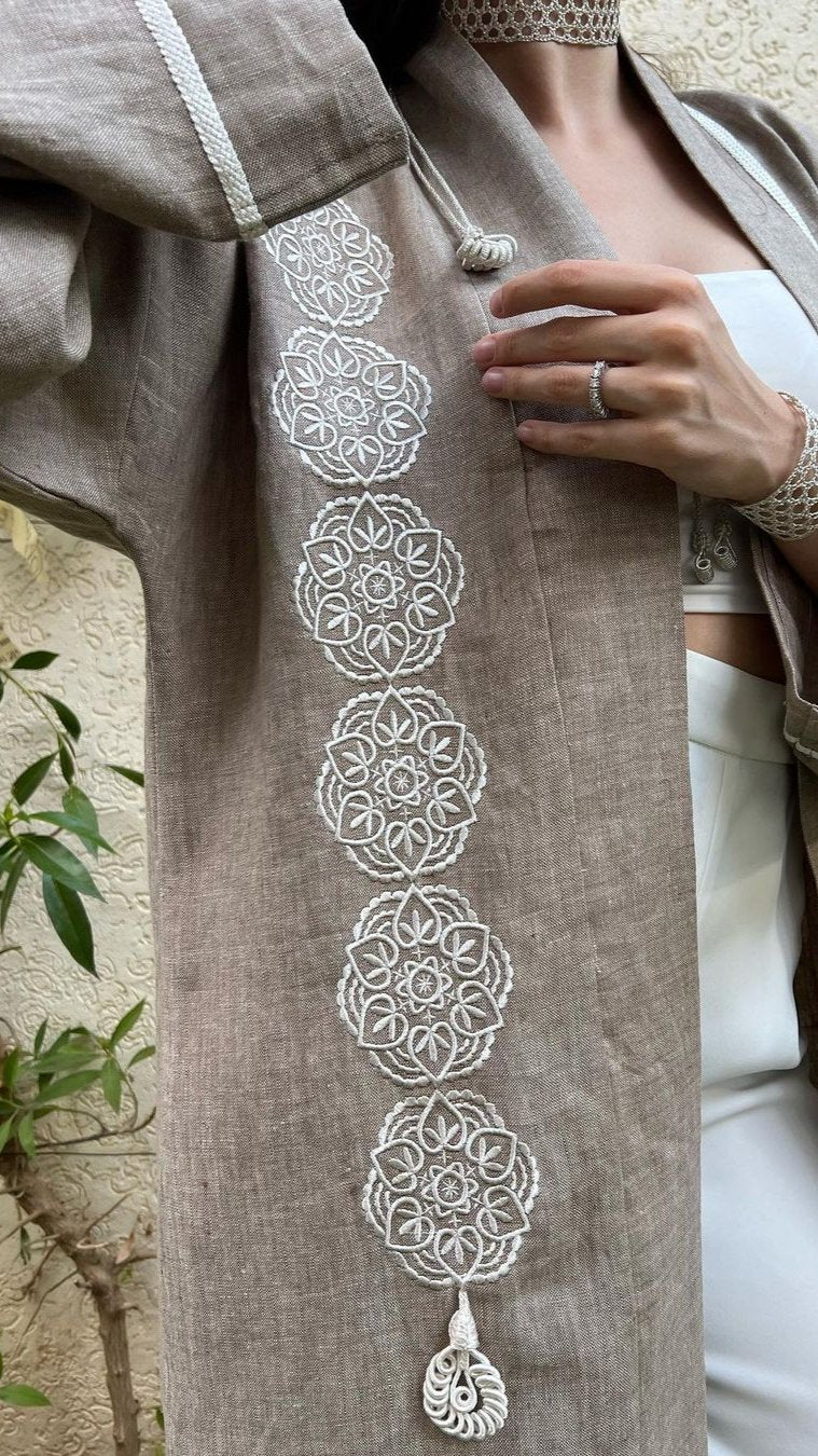 Kimono Lin brodé Taupe